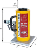 55-ton yellow aluminum hydraulic cylinder with 6-inch stroke, side handle, hose connection, and dimensional measurements displayed on a white background.